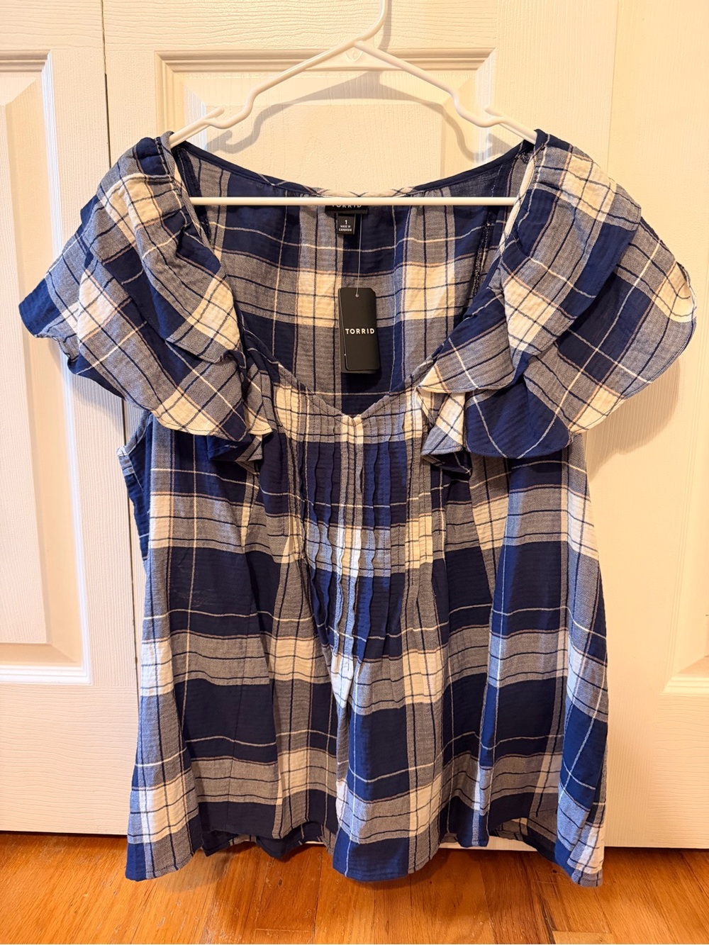 torrid Navy and White Plaid Ruffle-Sleeve Top